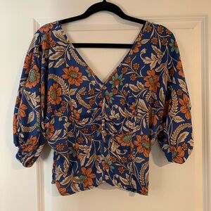 Sienna Sky Blue Floral V-Neck Puff Sleeve Blouse